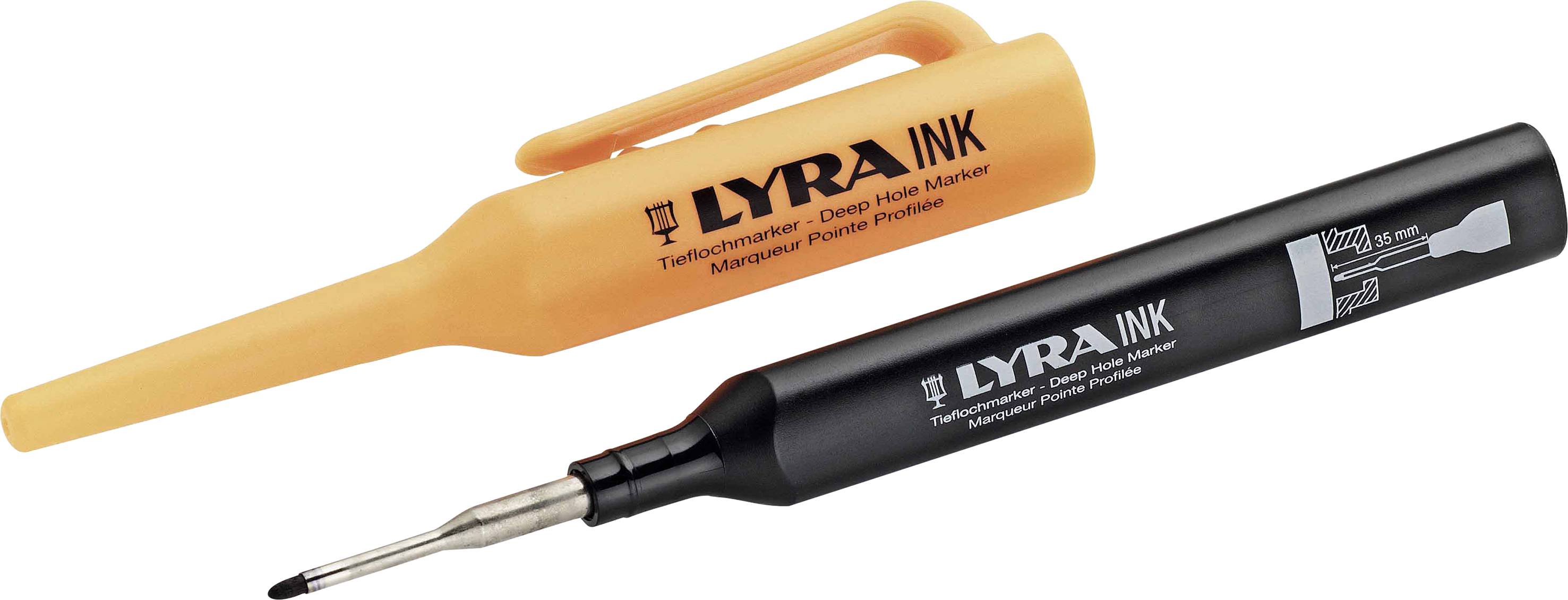 Zwei Marker mit der Aufschrift 'LYRA INK': ein orangefarbener mit Kappe und ein schwarzer ohne Kappe. Beide haben schmale Spitzen.