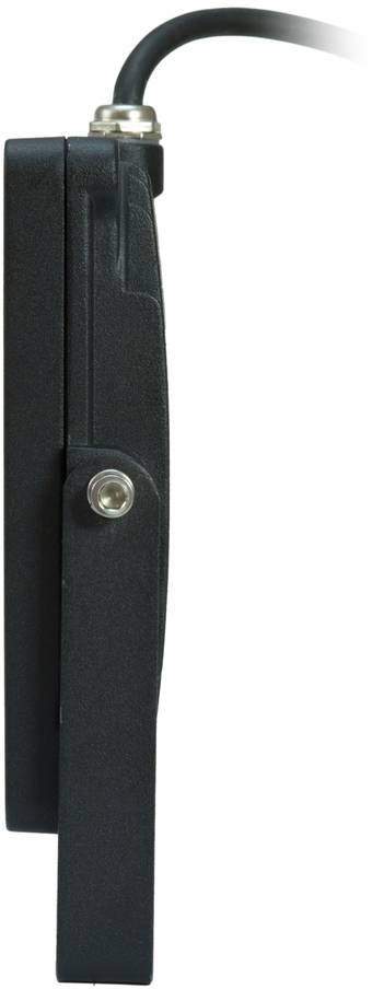 Ein schwarzes Gerät, seitlich gesehen, mit einem Kabel an der Oberseite.