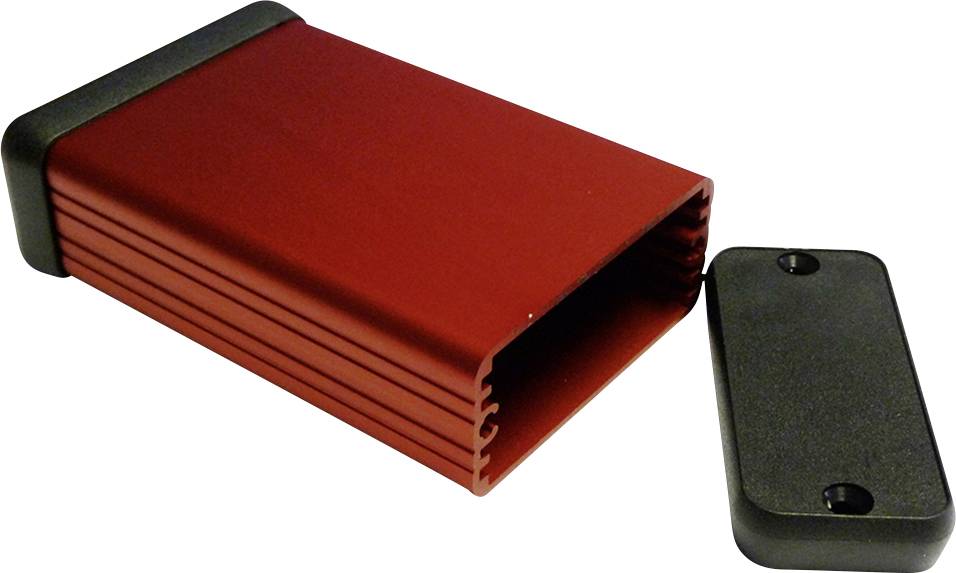 Ein rotes, rechteckiges Aluminiumgehäuse mit abgenommenem schwarzen Endstück, möglicherweise zur Aufnahme von Elektronikkomponenten.