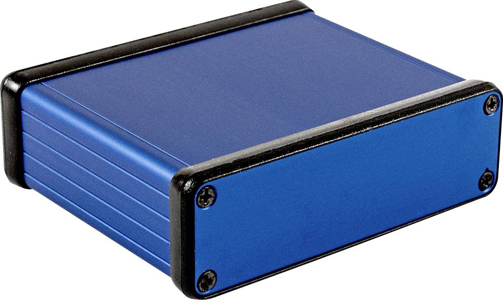 Blaue rechteckige Metallbox mit schwarzen Ecken und Schrauben an den Ecken.
