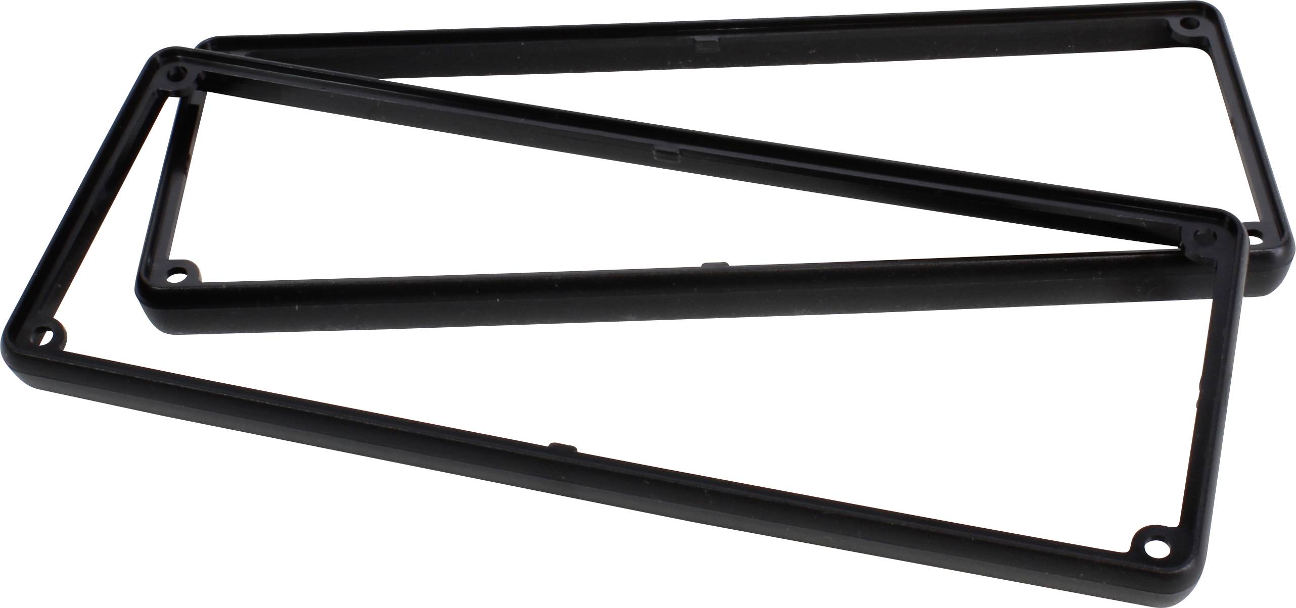 Zwei schwarze rechteckige Kunststoffrahmen liegen überlappend, vermutlich für Autokennzeichenhalterungen.