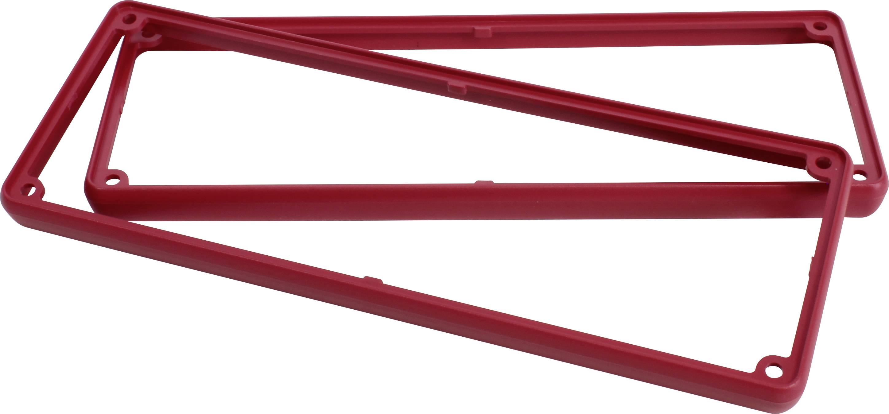 Zwei rote rechteckige Kunststoffrahmen sind überlappend angeordnet.