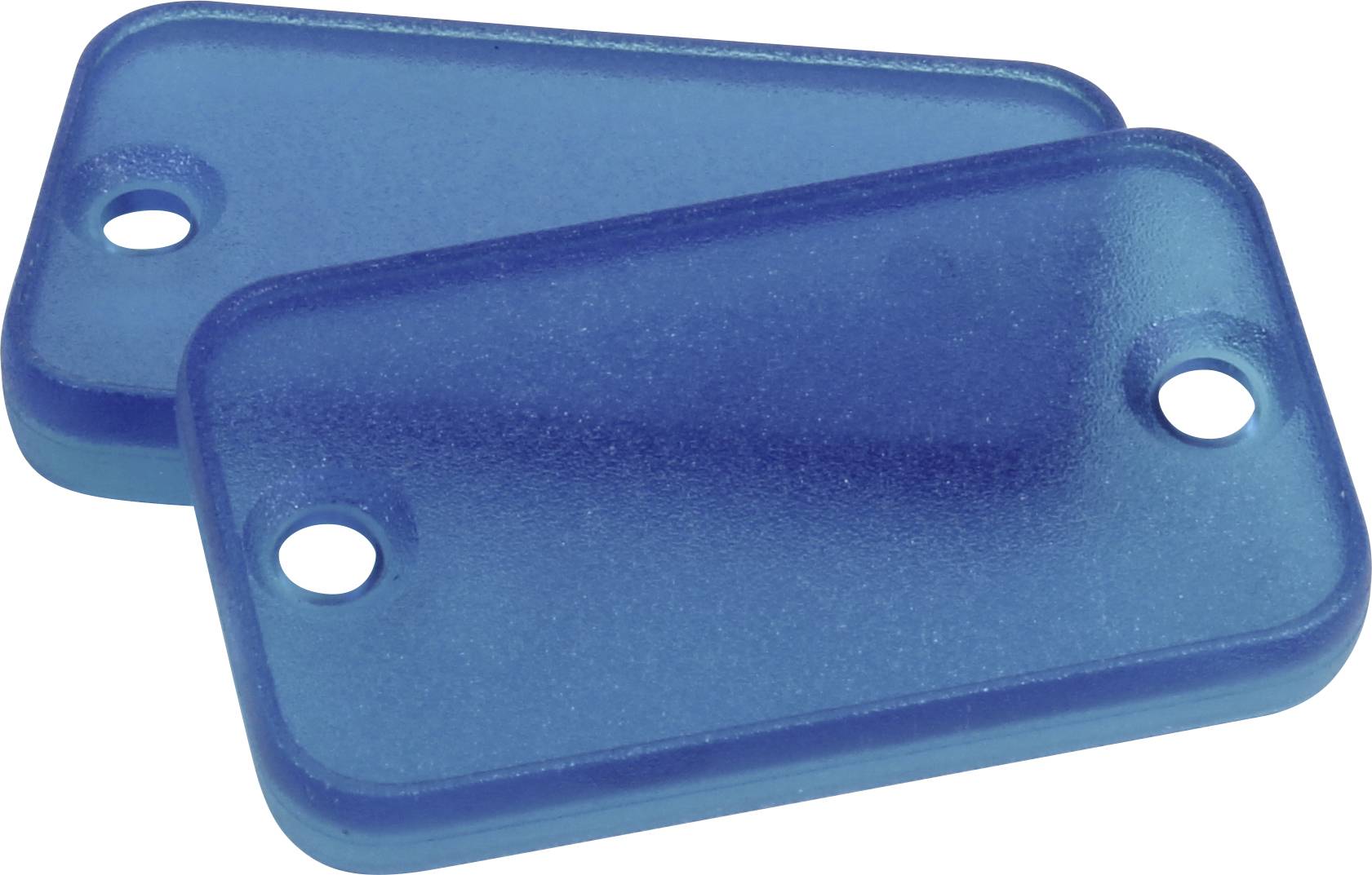 Zwei blaue, rechteckige Kunststoffplatten mit abgerundeten Ecken und einem Loch an einer Seite.
