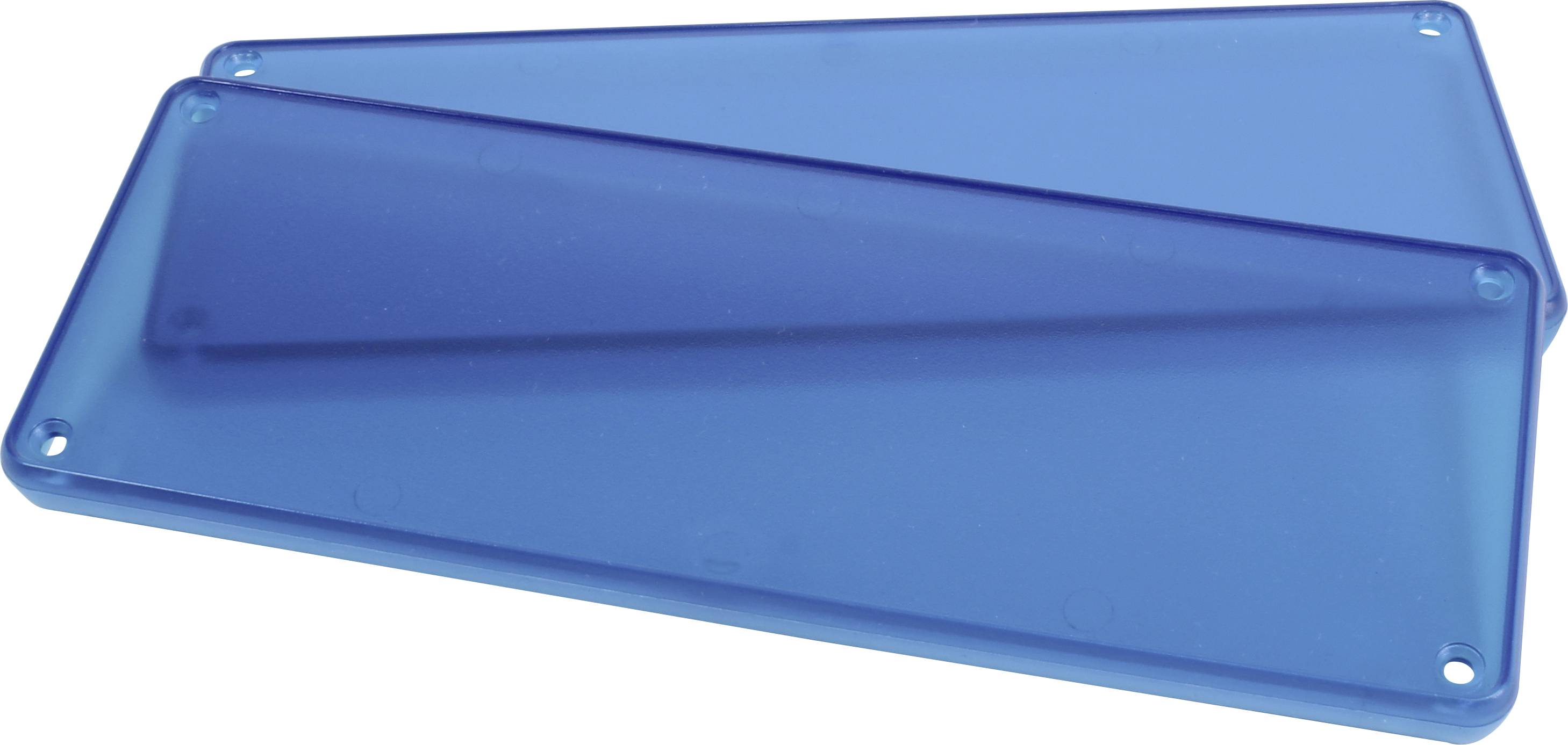 Zwei übereinanderliegende, blaue, rechteckige Kunststoffplatten mit abgerundeten Ecken und Löchern an den Ecken zur Befestigung.