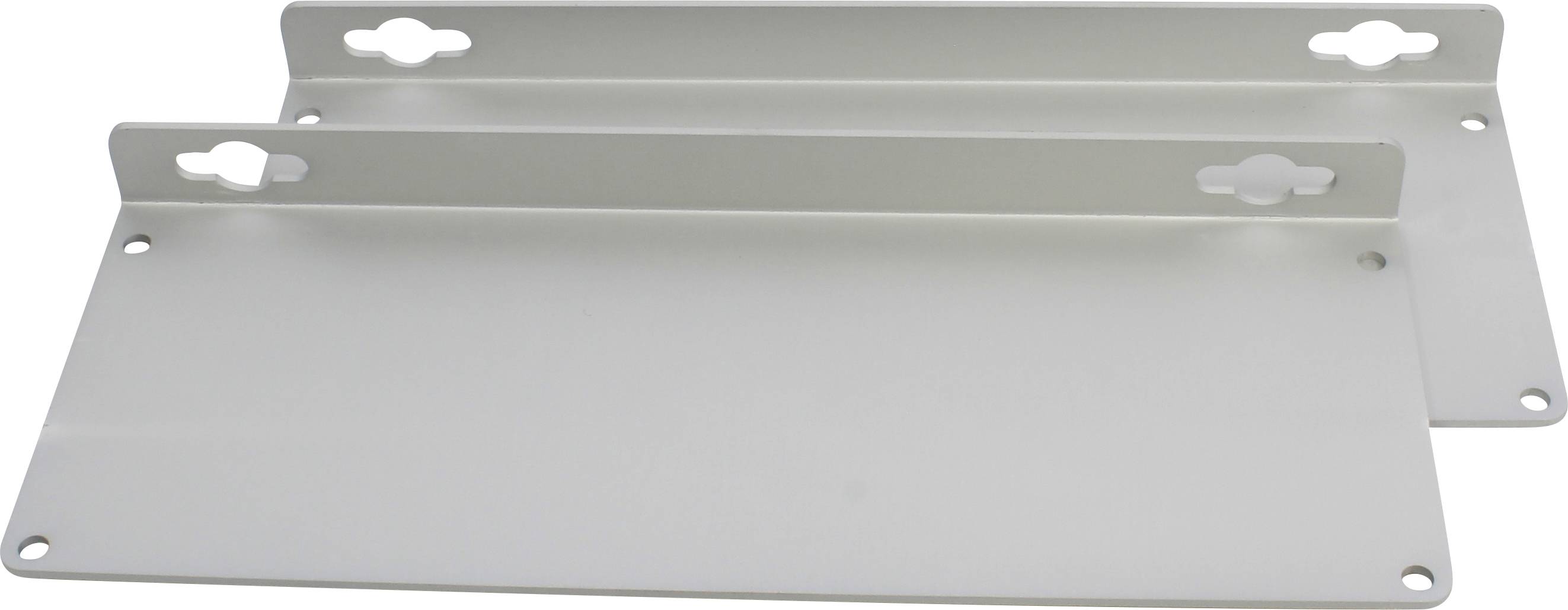 Zwei silberne Metallplatten mit abgerundeten Kanten und vier Löchern an den Ecken, möglicherweise für Wand- oder Regalbefestigungen.