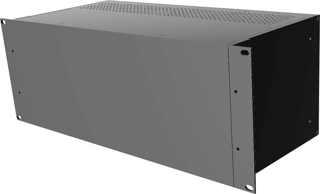 Grau lackiertes, rechteckiges Metallgehäuse mit Lüftungsschlitzen, geeignet für die Montage in einem Server- oder Elektronik-Rack.