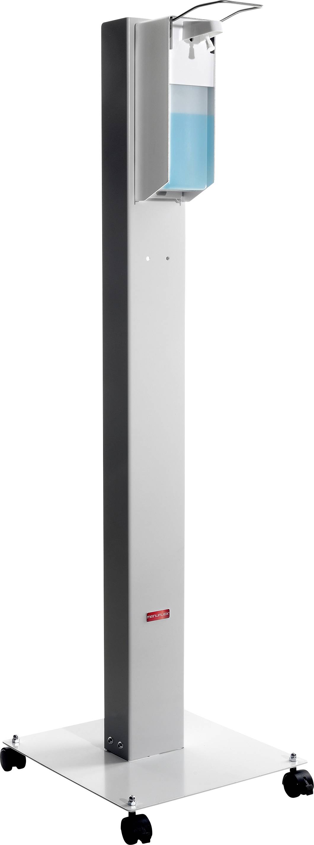 Desinfektionsmittelspender auf einem mobilen Ständer mit Rollen, geeignet für den Einsatz in öffentlichen Bereichen zur Handhygiene.