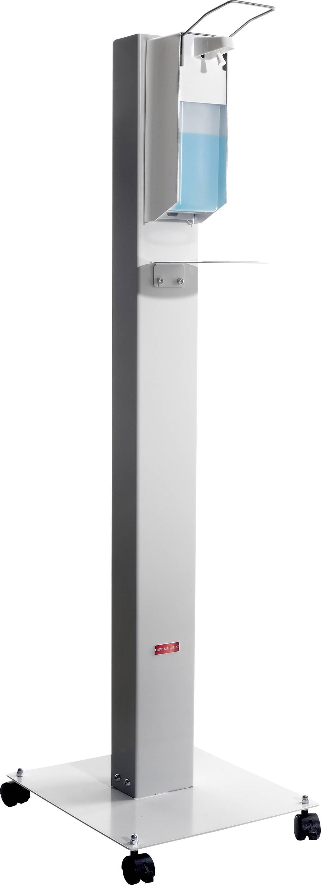 Desinfektionsmittelständer mit Fußpedal, silberne Säule auf Rollen, hält eine Flasche blauer Flüssigkeit.