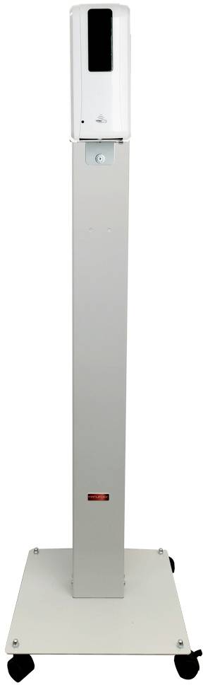 Desinfektionsmittelspender auf einem mobilen Ständer mit vier Rollen. Ideal für den Einsatz in öffentlichen Bereichen zur Händedesinfektion.