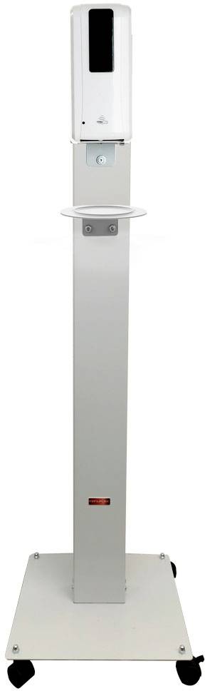 Desinfektionsmittelspender auf einem mobilen Ständer mit vier Rollen, geeignet für den Einsatz in Gemeinschaftsbereichen.