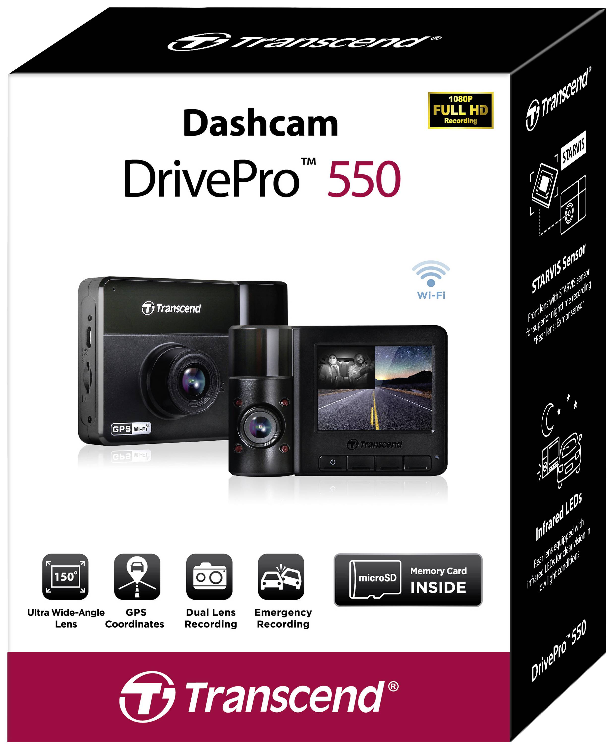 Transcend DrivePro 550B Dashcam mit GPS Blickwinkel horizontal max.=150 ° 12 V, 24 V WLAN, Akku, In