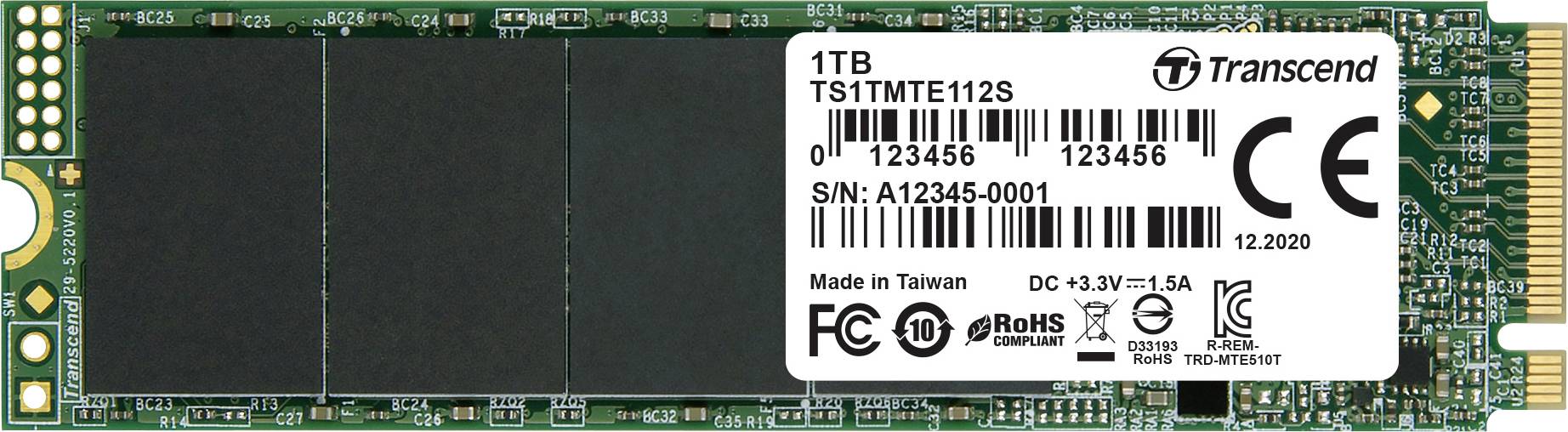 Transcend 1TB SSD, Modell TS1TMTE112S, mit CE-Zertifizierung. Hergestellt in Taiwan.