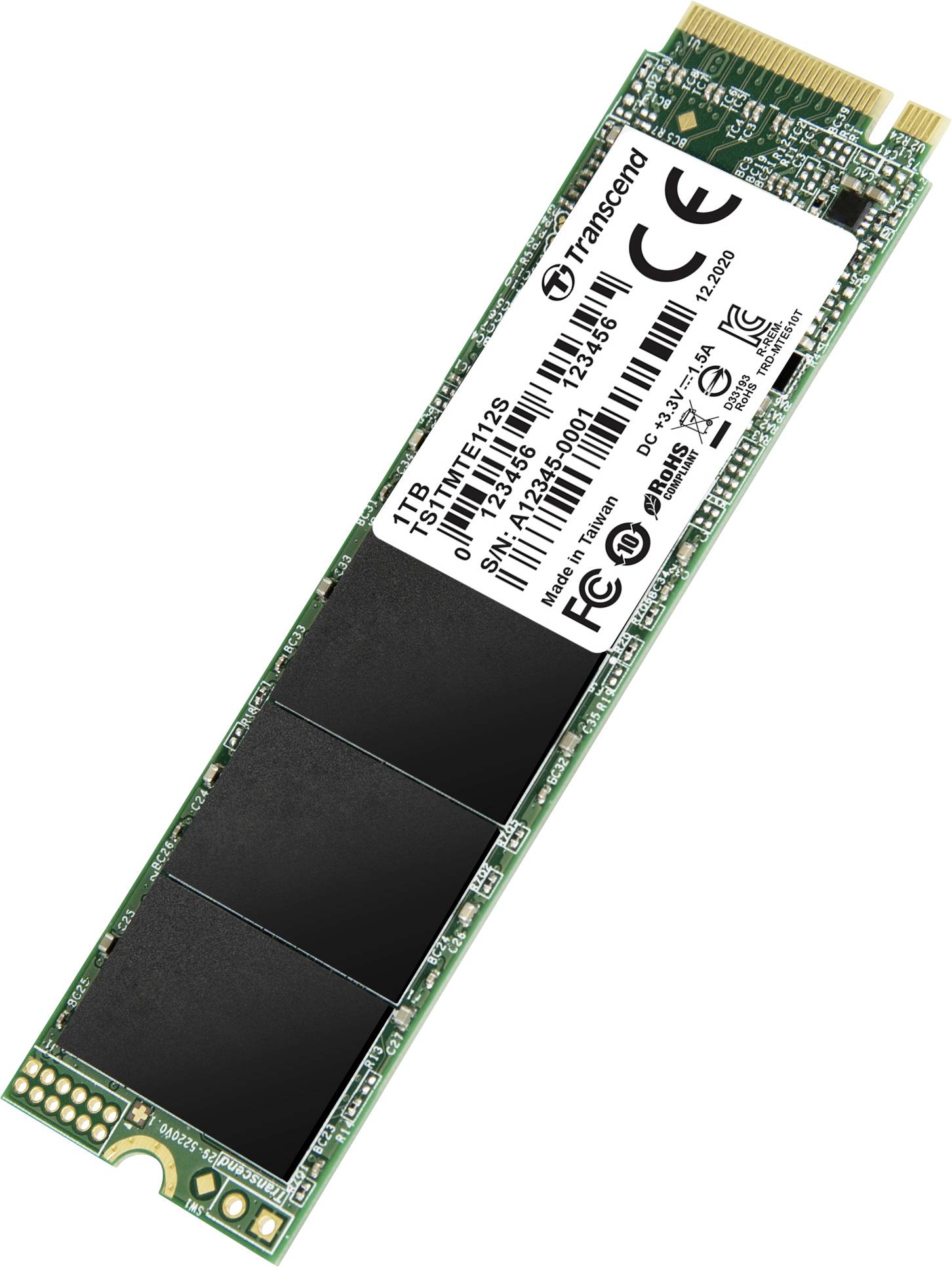 Eine Transcend M.2 SSD mit 1 TB Kapazität ist abgebildet. Sie hat eine flache, rechteckige Form mit mehreren Chips auf der Platine.