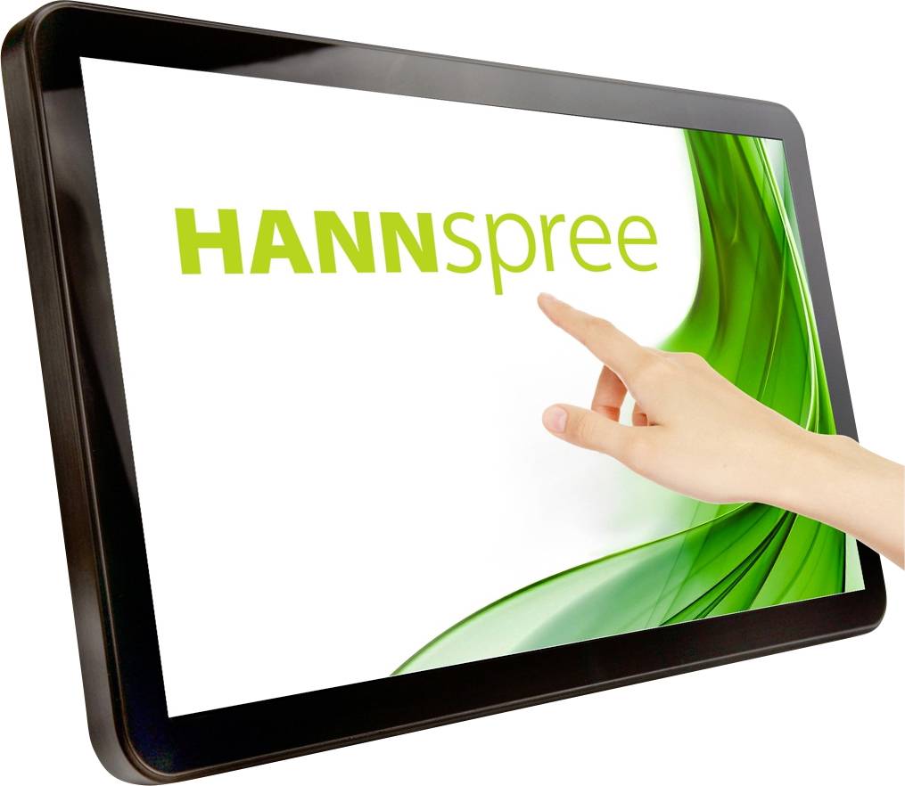 Ein Tablet mit einer grünen und weißen Benutzeroberfläche, auf der 'HANNspree' steht. Eine Hand berührt den Bildschirm.