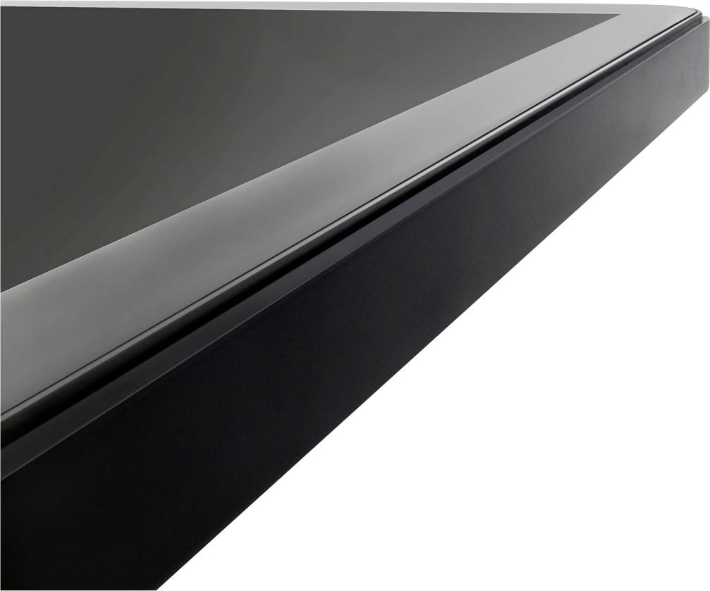 Ecke eines schwarzen TV-Bildschirms mit glattem, modernem Design.