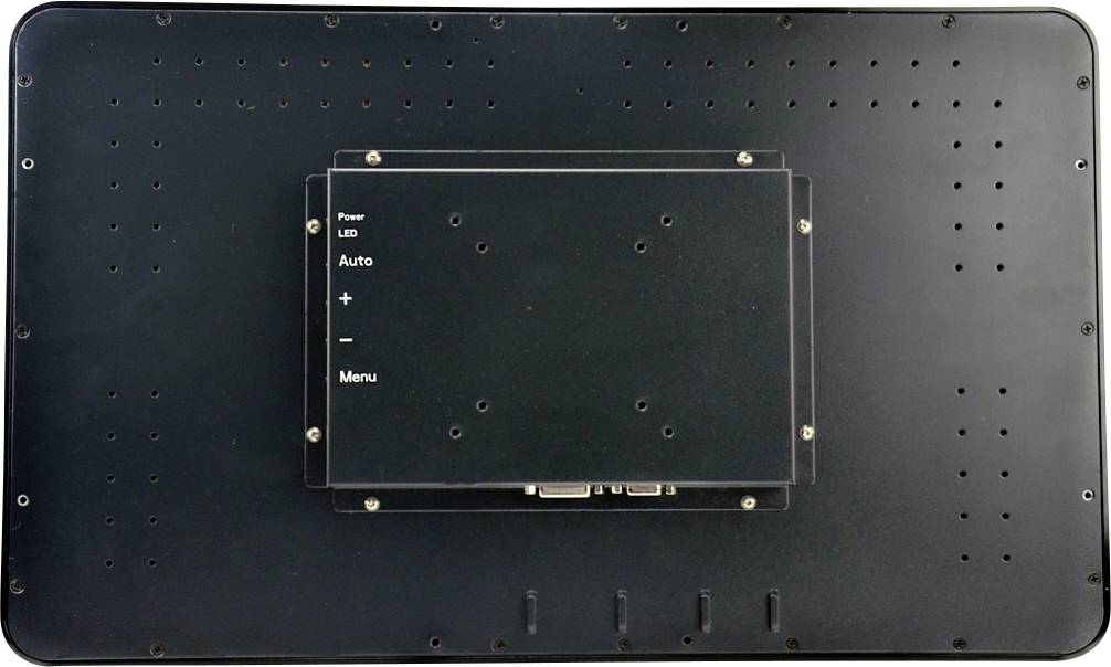 Rückansicht eines Monitors mit Bedienfeld. Tasten: Power, LED, Auto, +, -. Schwarzes Gehäuse mit Befestigungslöchern.