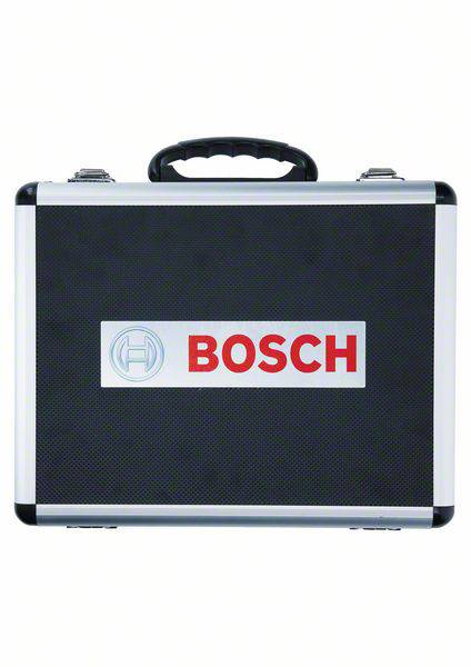 Schwarzer Koffer mit einem silbernen Rahmen und Griff, darauf das 'BOSCH'-Logo in Rot auf silbernem Hintergrund.