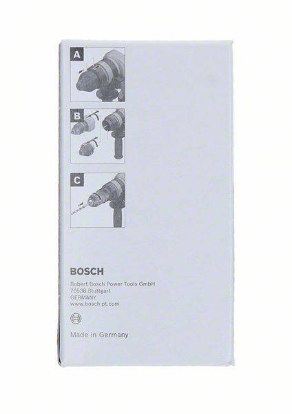 Die Abbildung zeigt eine Verpackung mit drei Grafiken, die die Nutzung eines Bohrers illustrieren, darunter der Markenname 'Bosch'. Hergestellt in Deutschland.