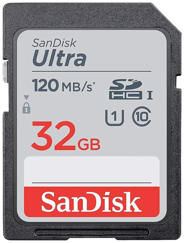 SanDisk Ultra SD-Karte, 32 GB Speicher, Lesegeschwindigkeit bis zu 120 MB/s, geeignet für Full-HD-Videoaufnahmen.