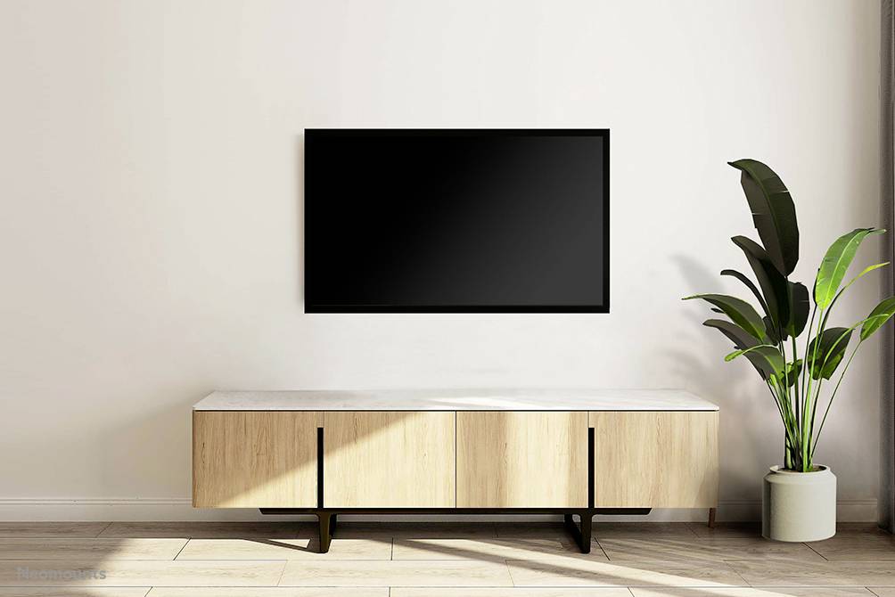 Flachbildfernseher an einer hellen Wand über einem modernen Holzmöbelstück. Rechts steht eine große grüne Zimmerpflanze.