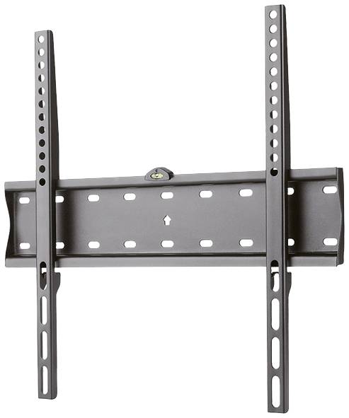 Flacher schwarzer TV-Wandhalter mit vertikalen Schienen und zahlreichen Befestigungslöchern, geeignet für mittelgroße Flachbildfernseher.