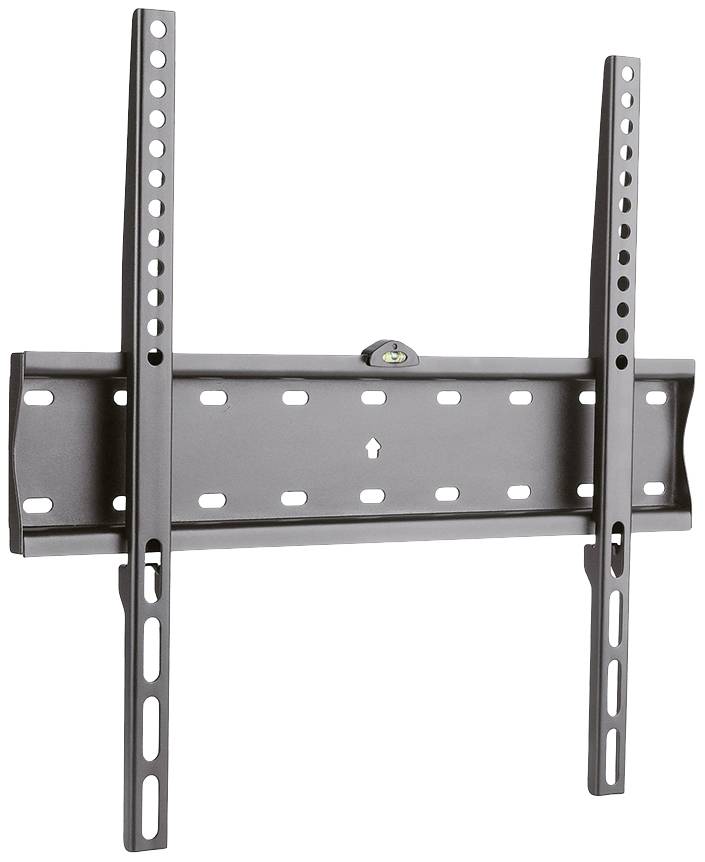 Wandhalterung für Fernseher aus Metall, mit vertikalen und horizontalen Montageschlitzen, geeignet für flache Installationen.