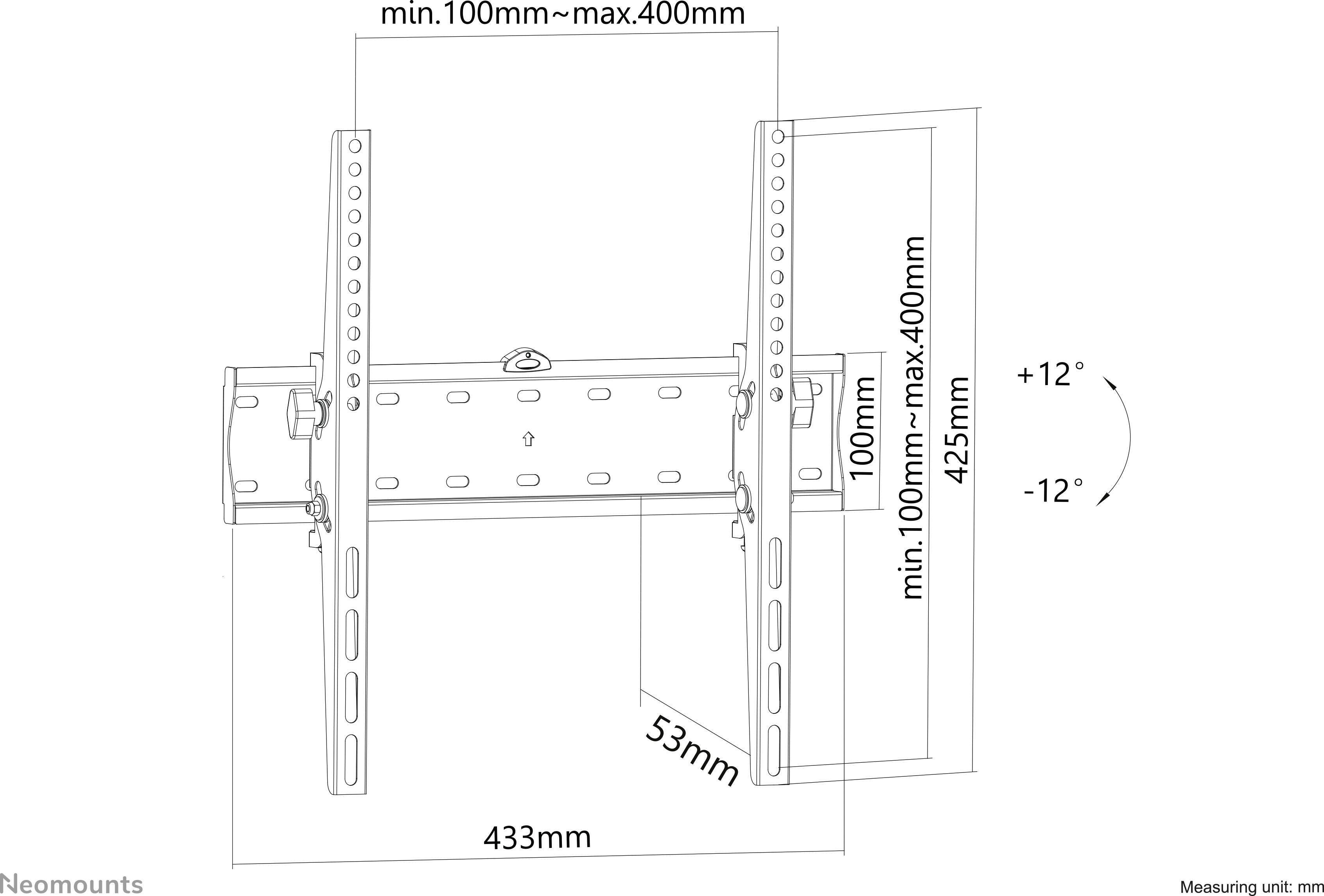Skizze einer Wandhalterung mit Maßen: Breite 433 mm, Höhe verstellbar von 100 mm bis 400 mm, Neigung von +12° bis -12°.