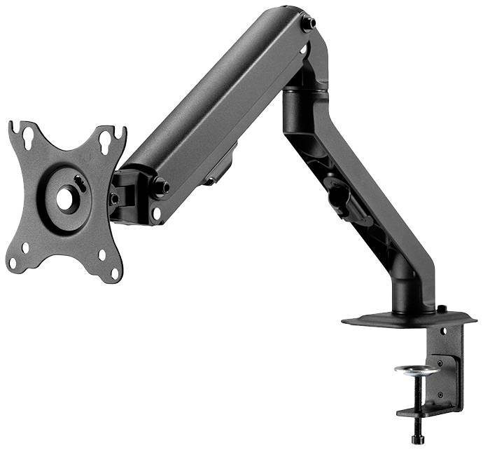 Schwarzer, verstellbarer Monitorarm zur Befestigung an einem Schreibtisch, mit Drehgelenken für flexible Monitorpositionierung.