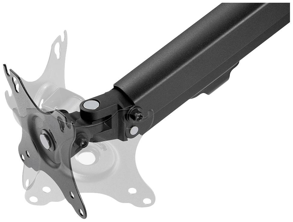 Ein schwarzer Monitorarm mit VESA-Halterung, montierbar an einem Tisch. Die Halterung zeigt Spezifikationen für verschiedene Monitorgrößen.