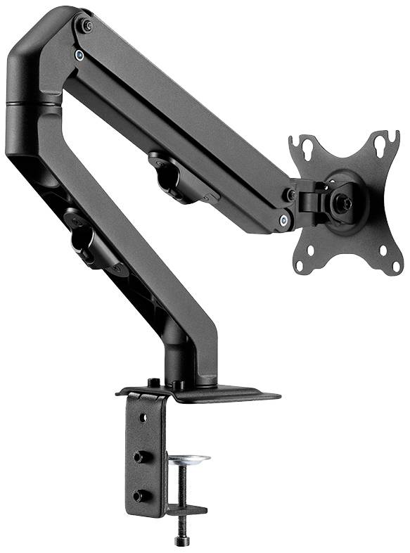 Schwarzer Monitorhalter mit beweglichem Arm und Tischklemme für flexible Bildschirmpositionierung.