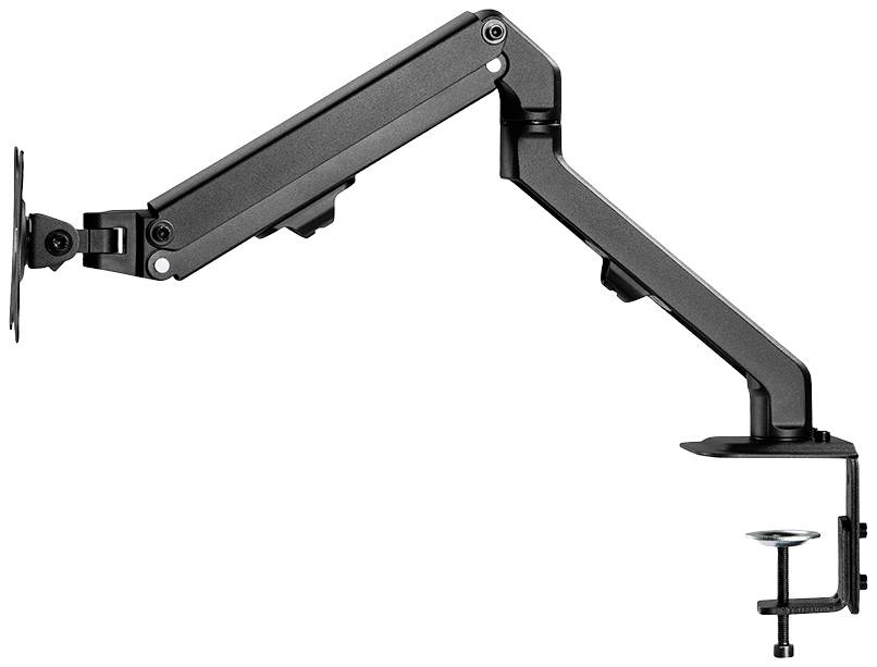 Ein schwarzer Monitorarm für Schreibtische mit verstellbaren Gelenken und Klemme zur Befestigung, geeignet für ergonomische Arbeitsplätze.
