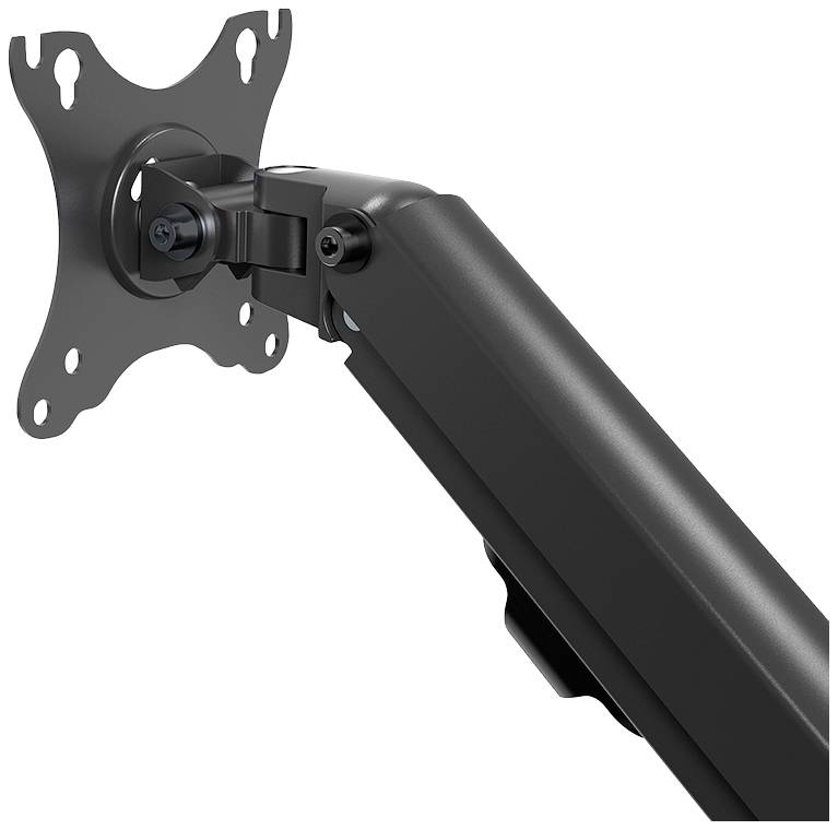 Ein schwarzer verstellbarer Monitorarm mit VESA-Halterung zur Befestigung an einem Schreibtisch. Geeignet zur flexiblen Positionierung.