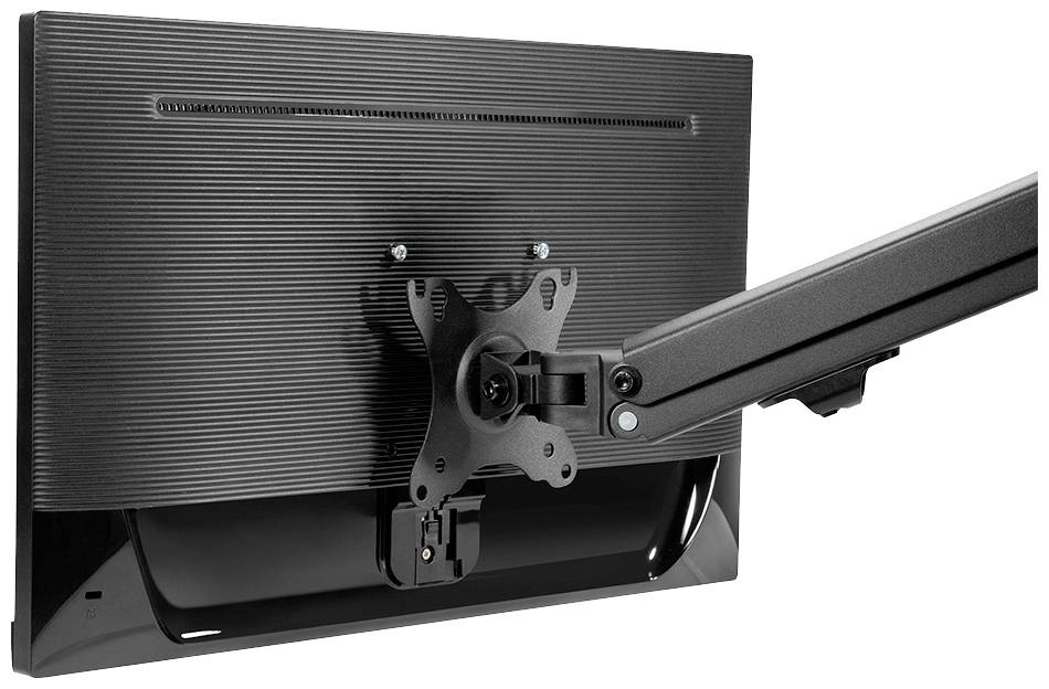 Ein Computermonitor ist an einem verstellbaren Schwenkarm montiert, der Flexibilität bei der Positionierung bietet.