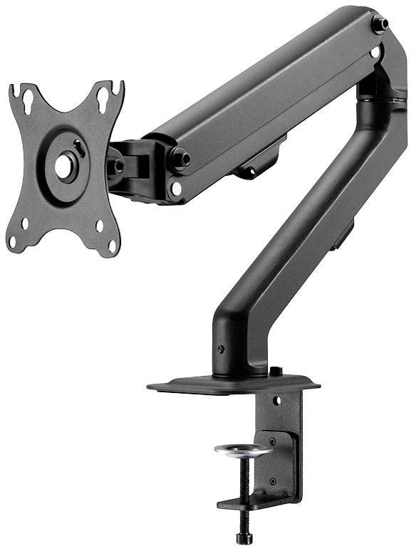 Ein schwarzer, verstellbarer Monitorarm aus Metall mit Schraubklemme zur Befestigung an einem Tisch, geeignet für VESA-kompatible Displays.