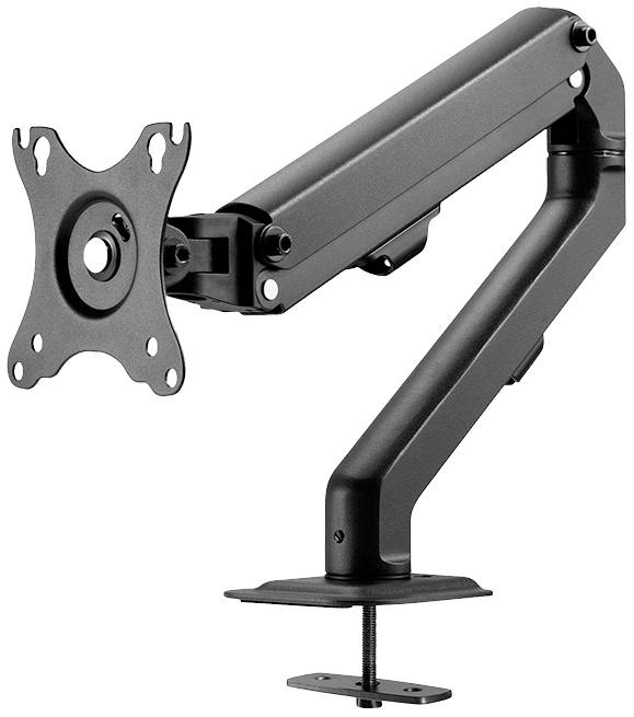 Schwarzer Monitorarm mit verstellbarem Gelenk, befestigt an einer Tischkante. Geeignet zur flexiblen Befestigung von Monitoren.