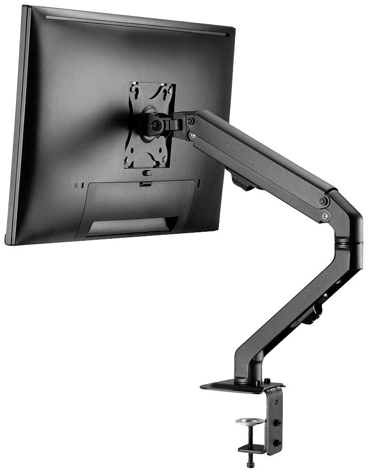 Monitorhalterung mit beweglichem Arm, an Schreibtisch befestigt, hält einen Bildschirm.