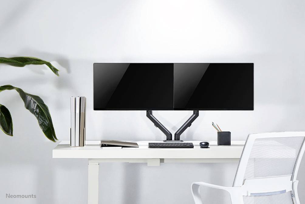 Ein Schreibtisch mit zwei nebeneinander montierten Flachbildschirmen, einer Tastatur, einer Maus und Pflanzen, alles in modernem Design.