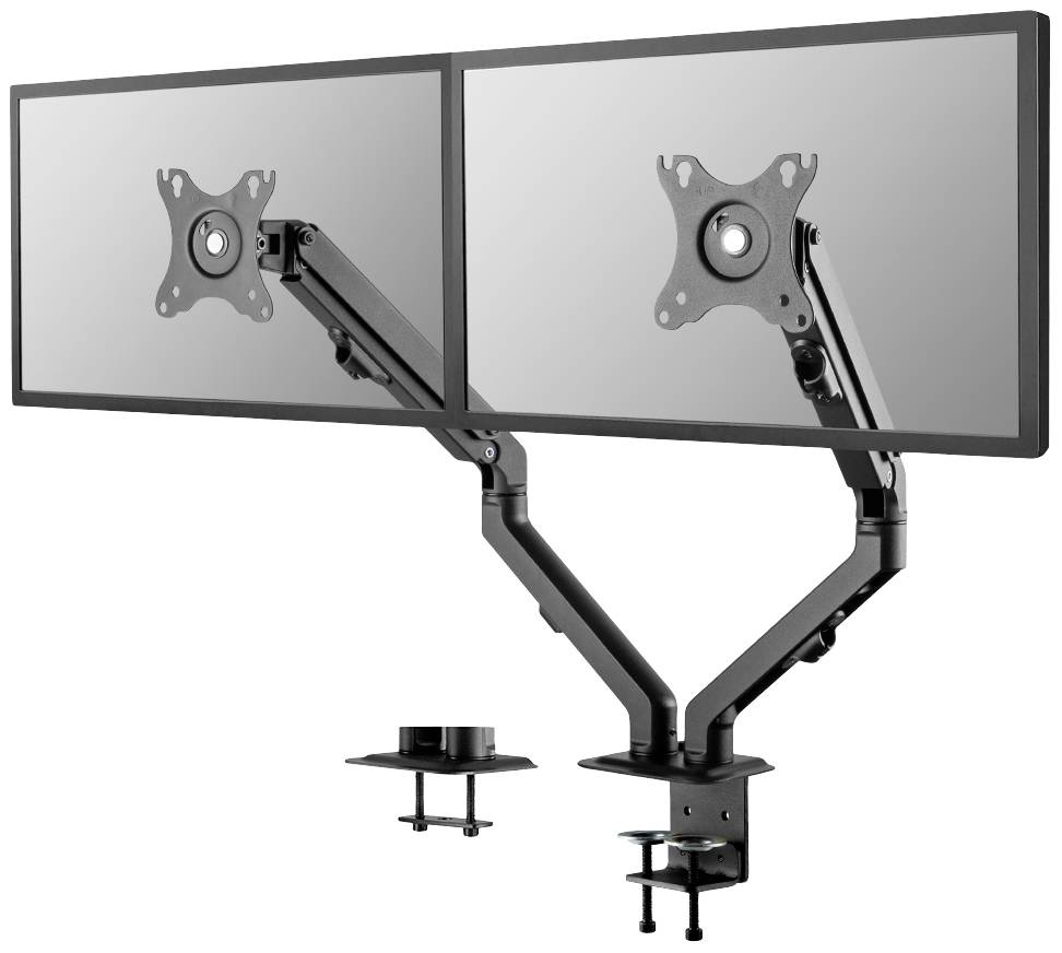 Doppelmonitorhalterung aus schwarzem Metall, montiert auf einem Schreibtisch. Zwei Bildschirmeinstellungen möglich.