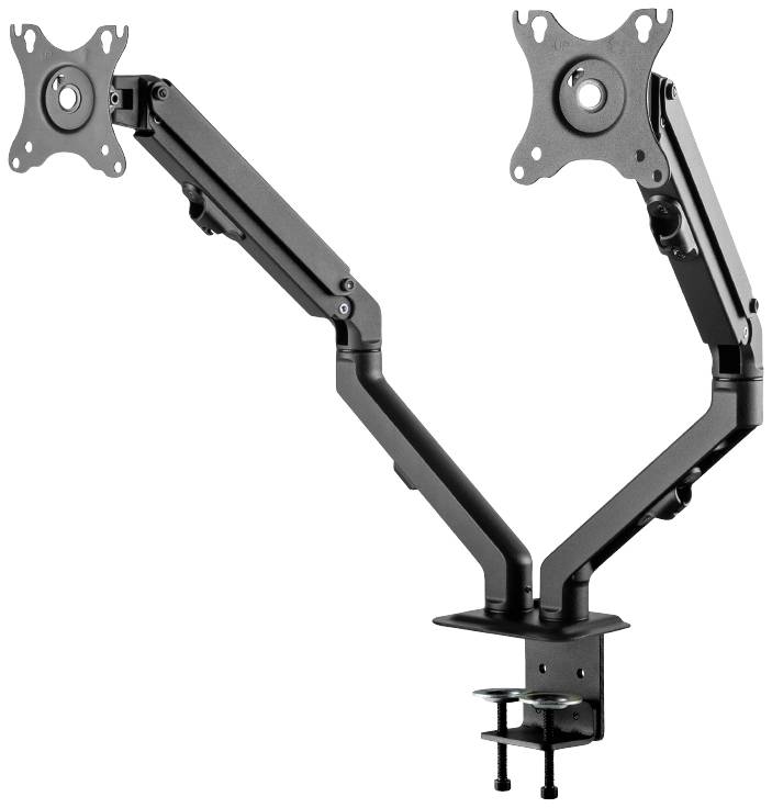 Zwei schwarze Monitorarme mit VESA-Halterungen, die an einem Tisch befestigt sind, ermöglichen flexible Positionierung von Bildschirmen.