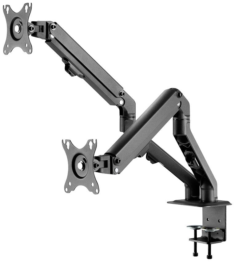 Doppelter Monitorarm in Schwarz, verstellbar in Höhe und Neigung, zur Befestigung an einem Schreibtisch. Geeignet für zwei Monitore.