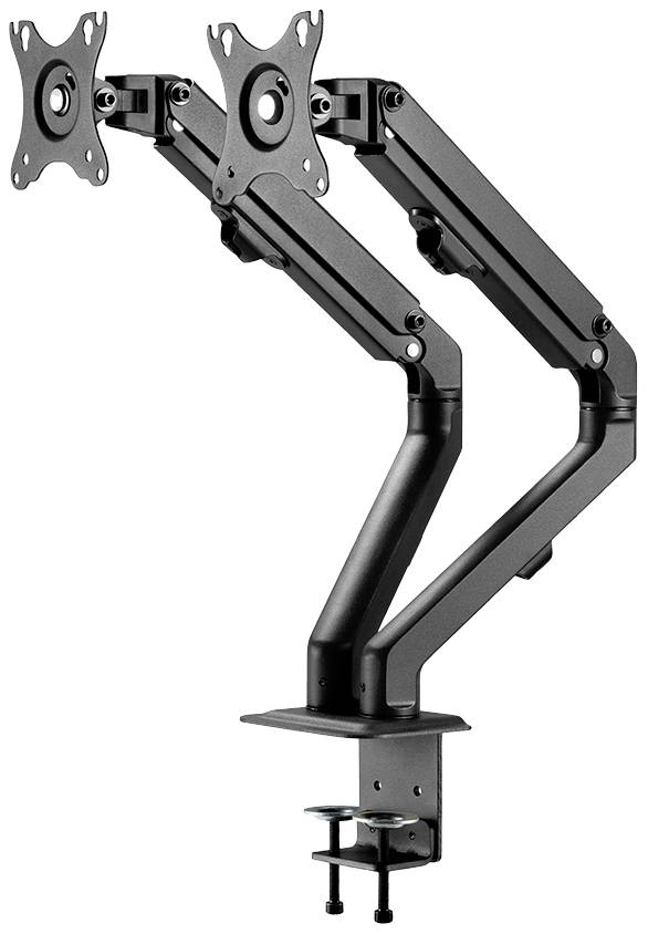 Zwei schwarze Bildschirmhalterungen mit verstellbaren Armen und Tischbefestigung. Geeignet für die Montage von zwei Monitoren.