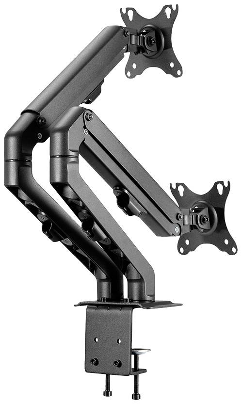 Doppelmonitorhalterung aus schwarzem Metall mit verstellbaren Armen und zwei Befestigungspunkten für Monitore, Tischmontage.