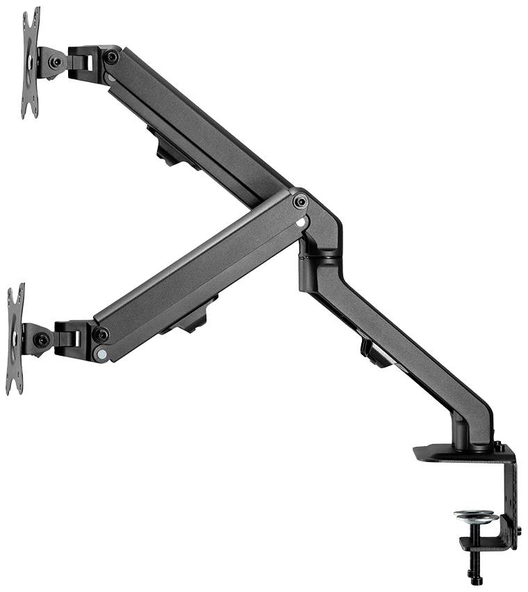 Zwei schwarze Monitorarme für den Schreibtisch, neig- und drehbar, mit Tischklemme zur flexiblen Befestigung von Bildschirmen.