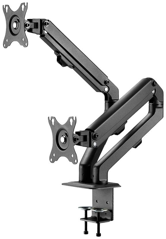 Schwarzer, doppelter Monitorhalterarm aus Metall, geeignet für zwei Bildschirme. Wird an einem Tisch befestigt.