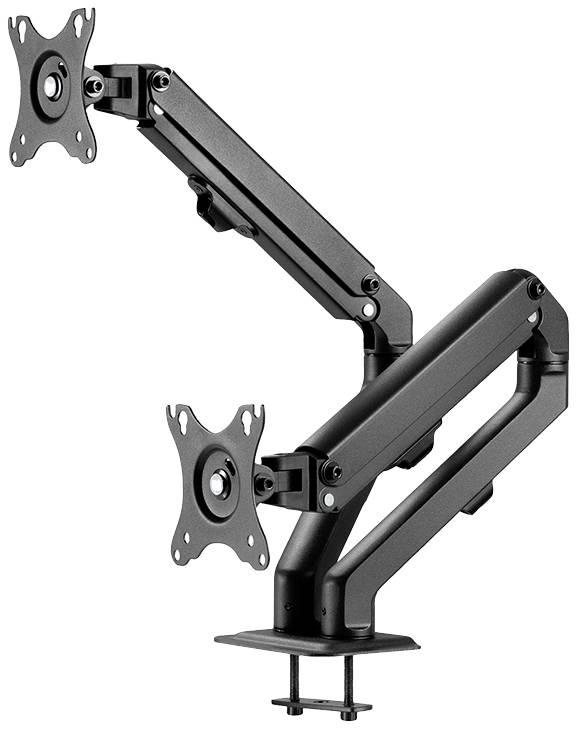 Doppelter Monitorarm mit zwei verstellbaren, schwarzen Halterungsarmen und Klemmbefestigung, geeignet für zwei Bildschirme.
