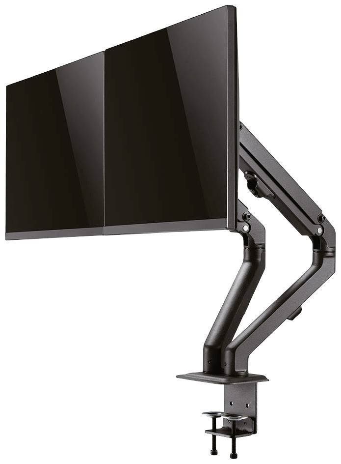 Doppelter Monitorhalter mit zwei Bildschirmen, befestigt an einem Schreibtisch mit verstellbaren Armen zur Platzersparnis.