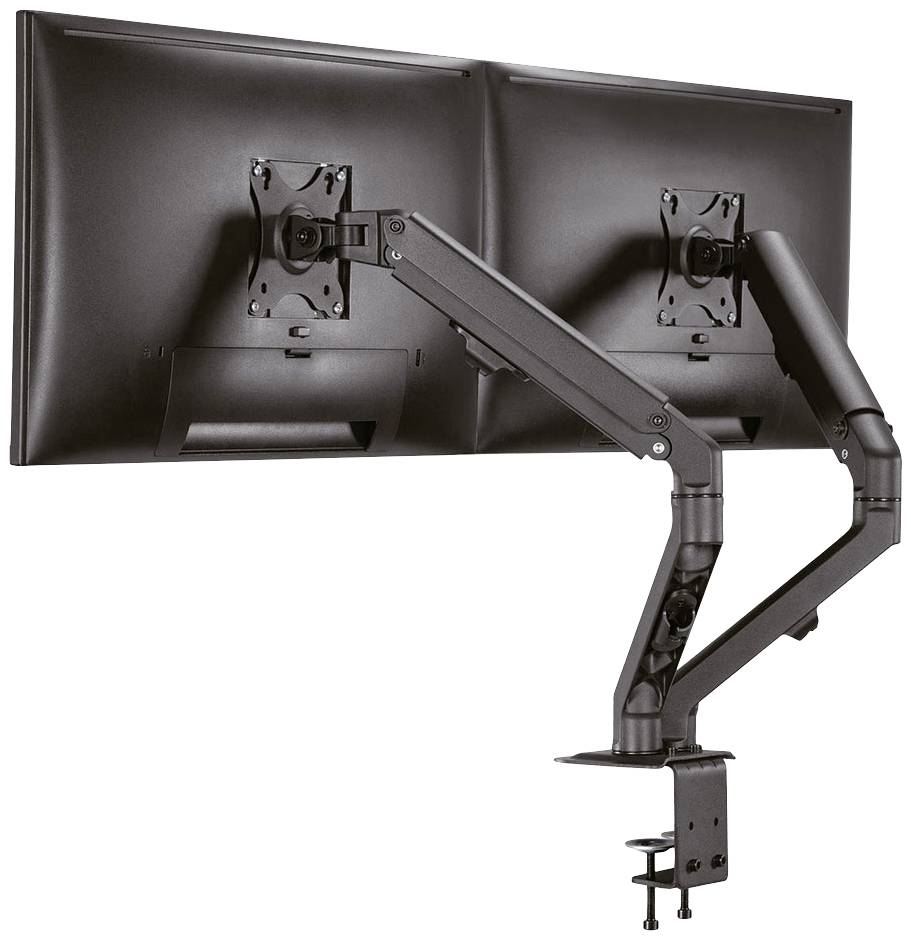 Ein Doppelmonitor-Armhalterung aus Metall, befestigt an einem Tisch, hält zwei Bildschirme nebeneinander in einer ergonomischen Position.