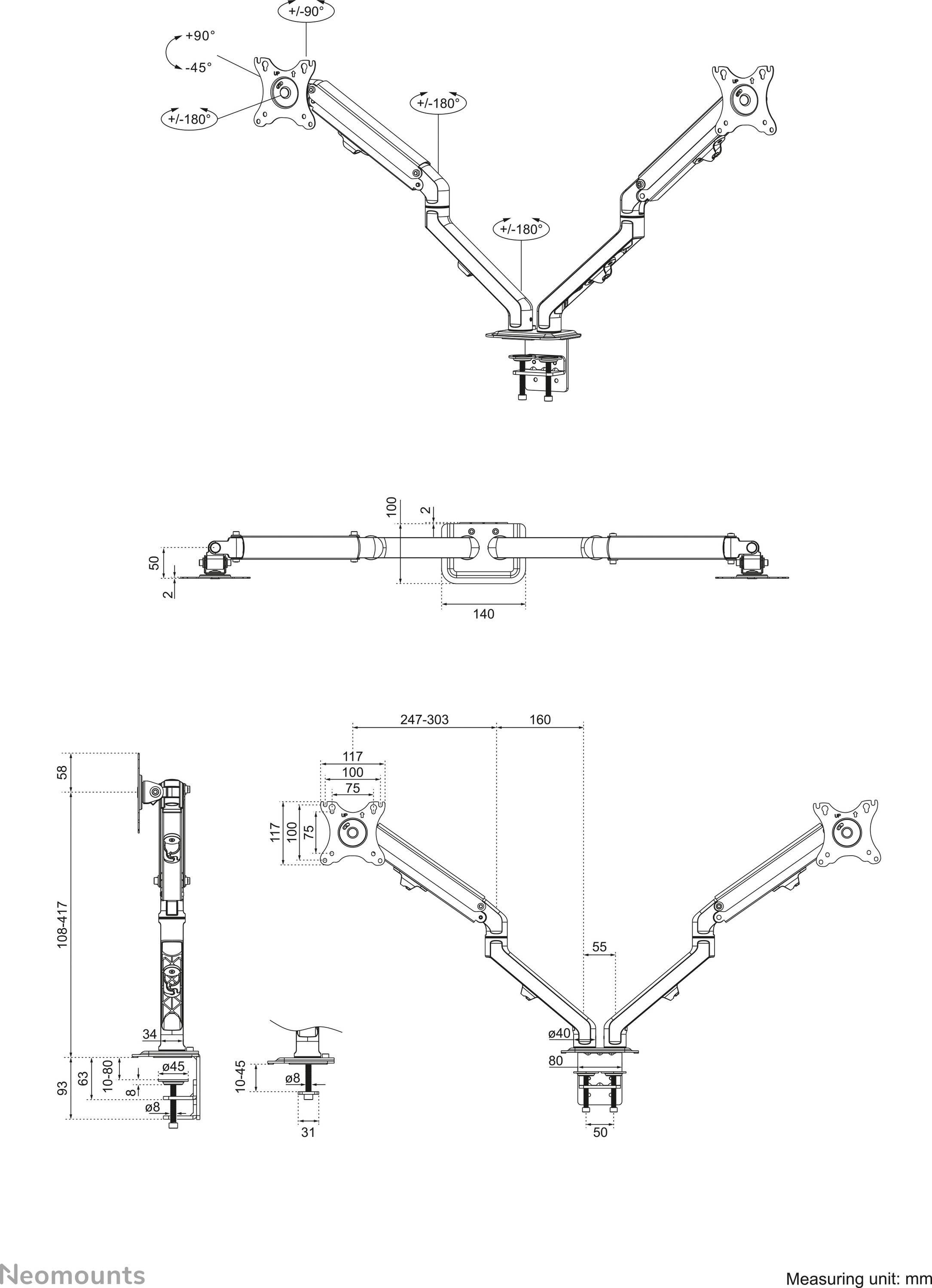 Diagramm eines verstellbaren Monitorarms mit Abmessungen in Millimetern. Zeigt Details zur Reichweite, Drehung und Befestigung.
