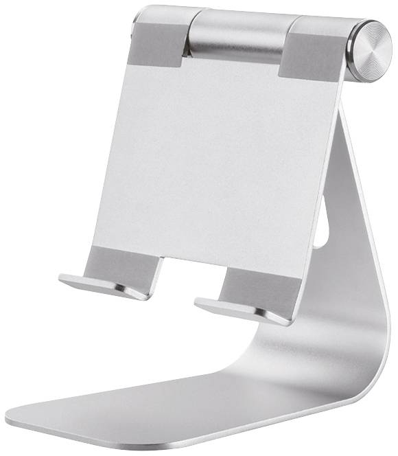 Ein silberner, verstellbarer Aluminium-Ständer zur Unterstützung von Tablets oder Smartphones. Minimalistisches Design mit klappbarem Rücken.