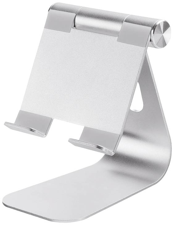 Ein verstellbarer silberner Metallständer für Tablets oder Smartphones mit einer stabilen Basis und einer Neigung zum bequemen Betrachten.